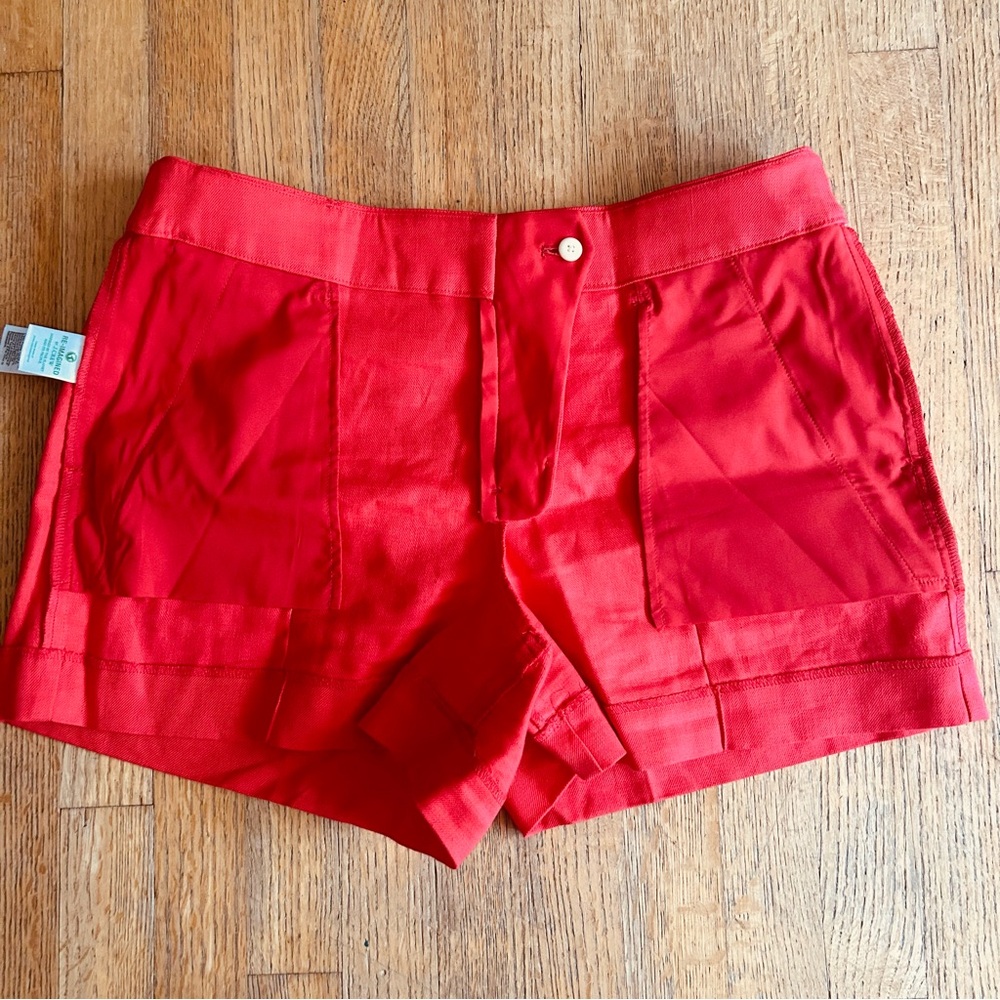 J Crew Coral Red Pintuck Suit Short in Stretch Linen Blend Shorts, Size 12 - Picture 4 of 10
